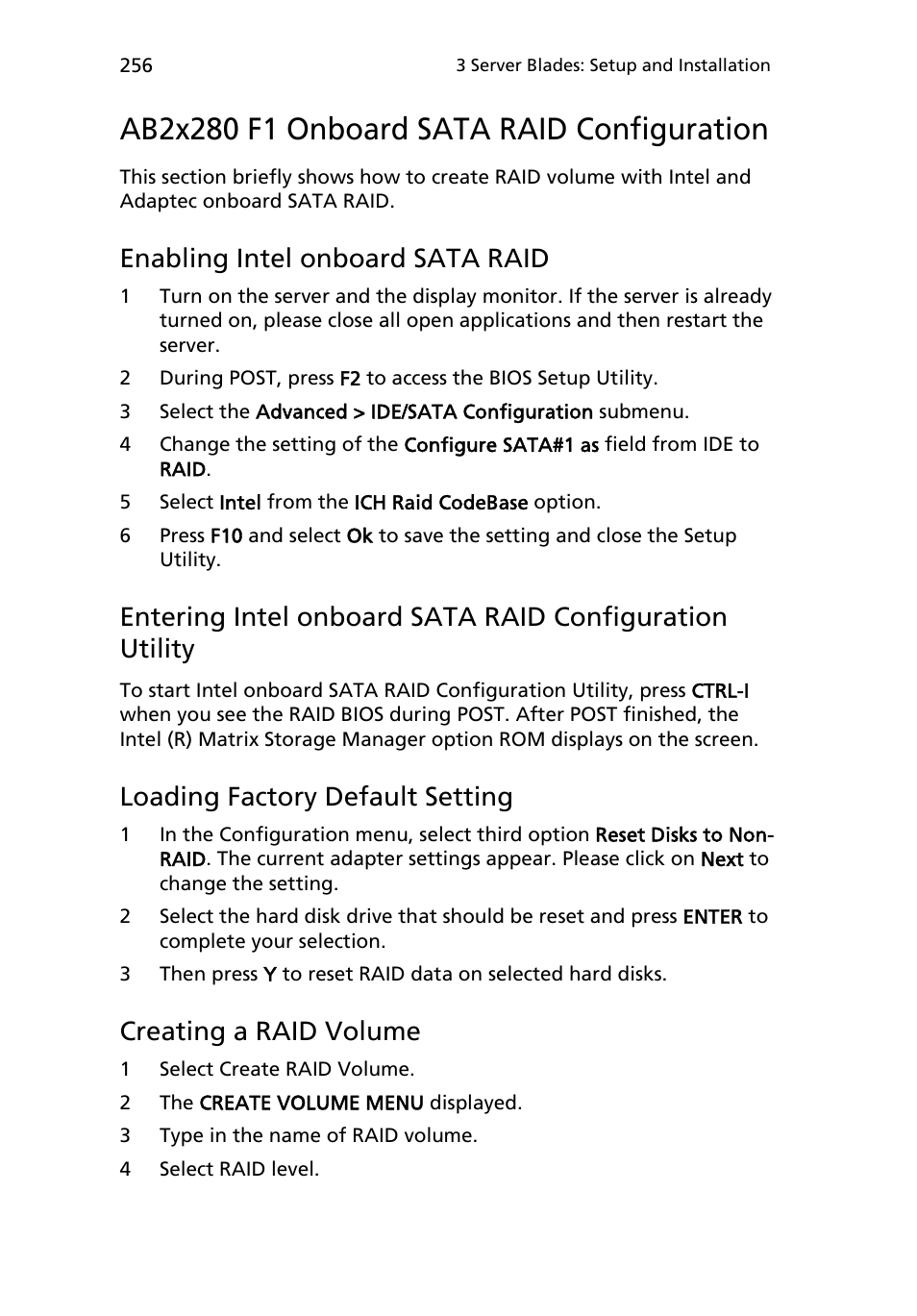 Ab2x280 f1 onboard sata raid configuration, Enabling intel onboard sata raid, Loading factory default setting | Creating a raid volume | Acer AB460 F1 User Manual | Page 276 / 618