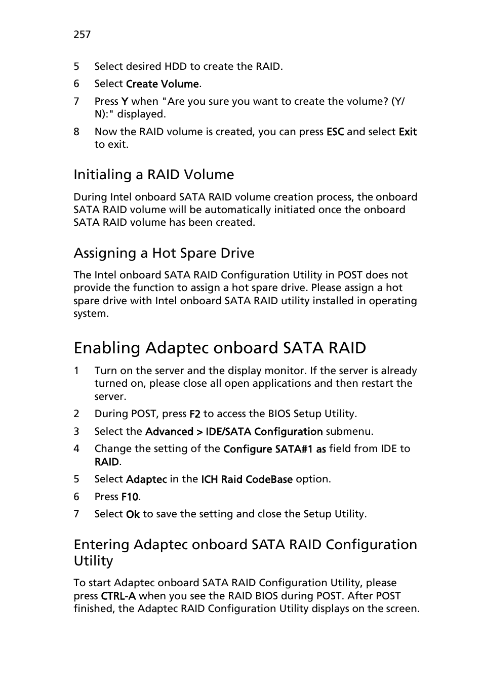 Enabling adaptec onboard sata raid, Initialing a raid volume, Assigning a hot spare drive | Acer AB460 F1 User Manual | Page 277 / 618