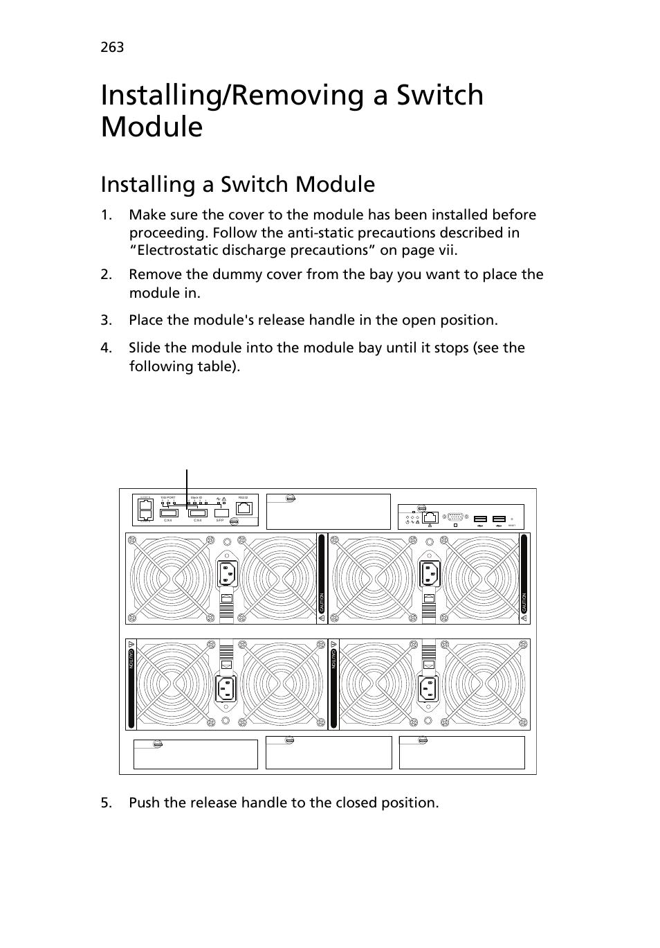 Installing/removing a switch module, Installing a switch module, Push the release handle to the closed position | Figure 4-163. switch module location | Acer AB460 F1 User Manual | Page 283 / 618