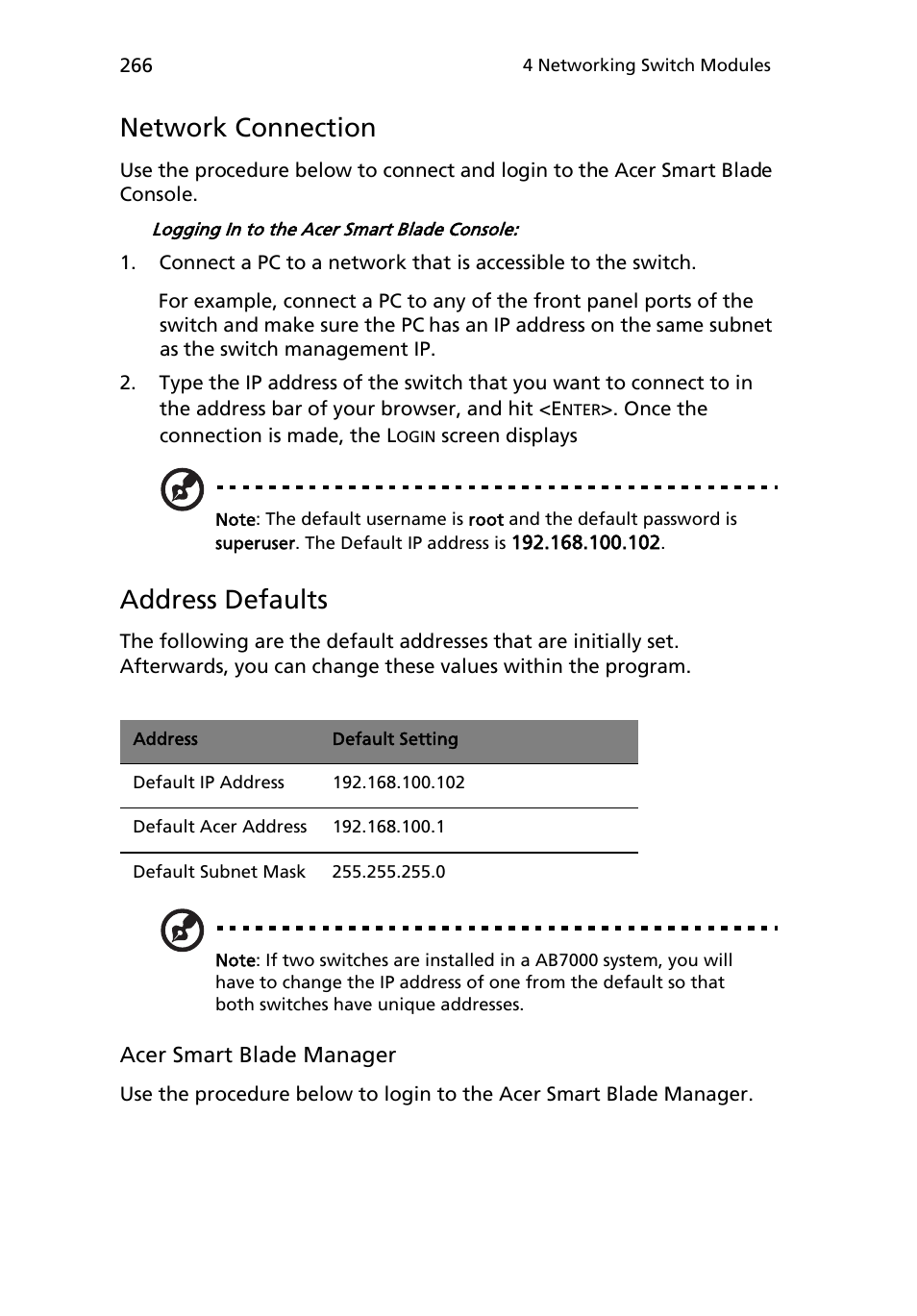 Network connection, Address defaults | Acer AB460 F1 User Manual | Page 286 / 618