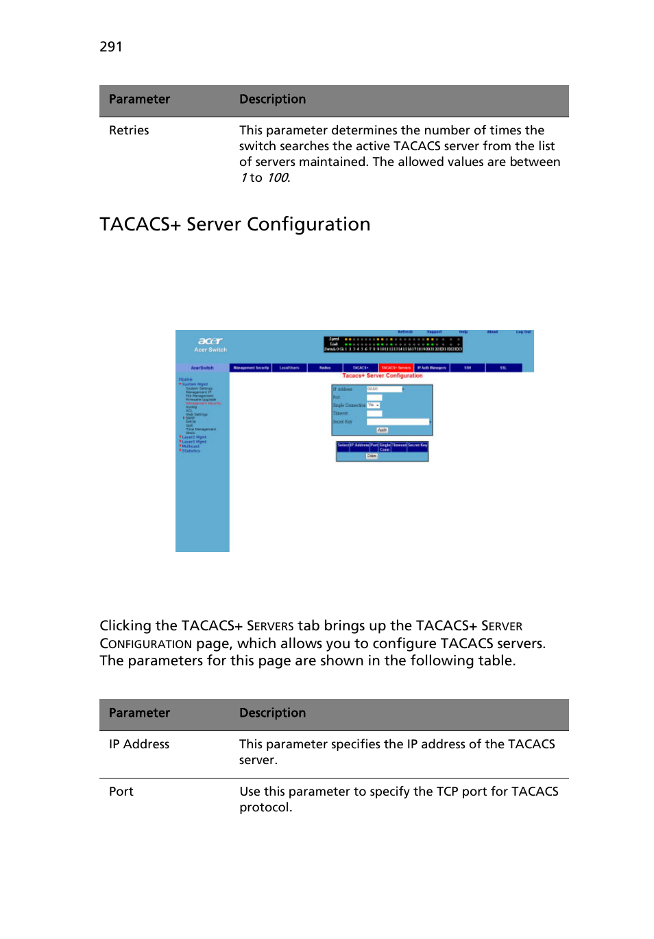 Tacacs+ server configuration | Acer AB460 F1 User Manual | Page 311 / 618