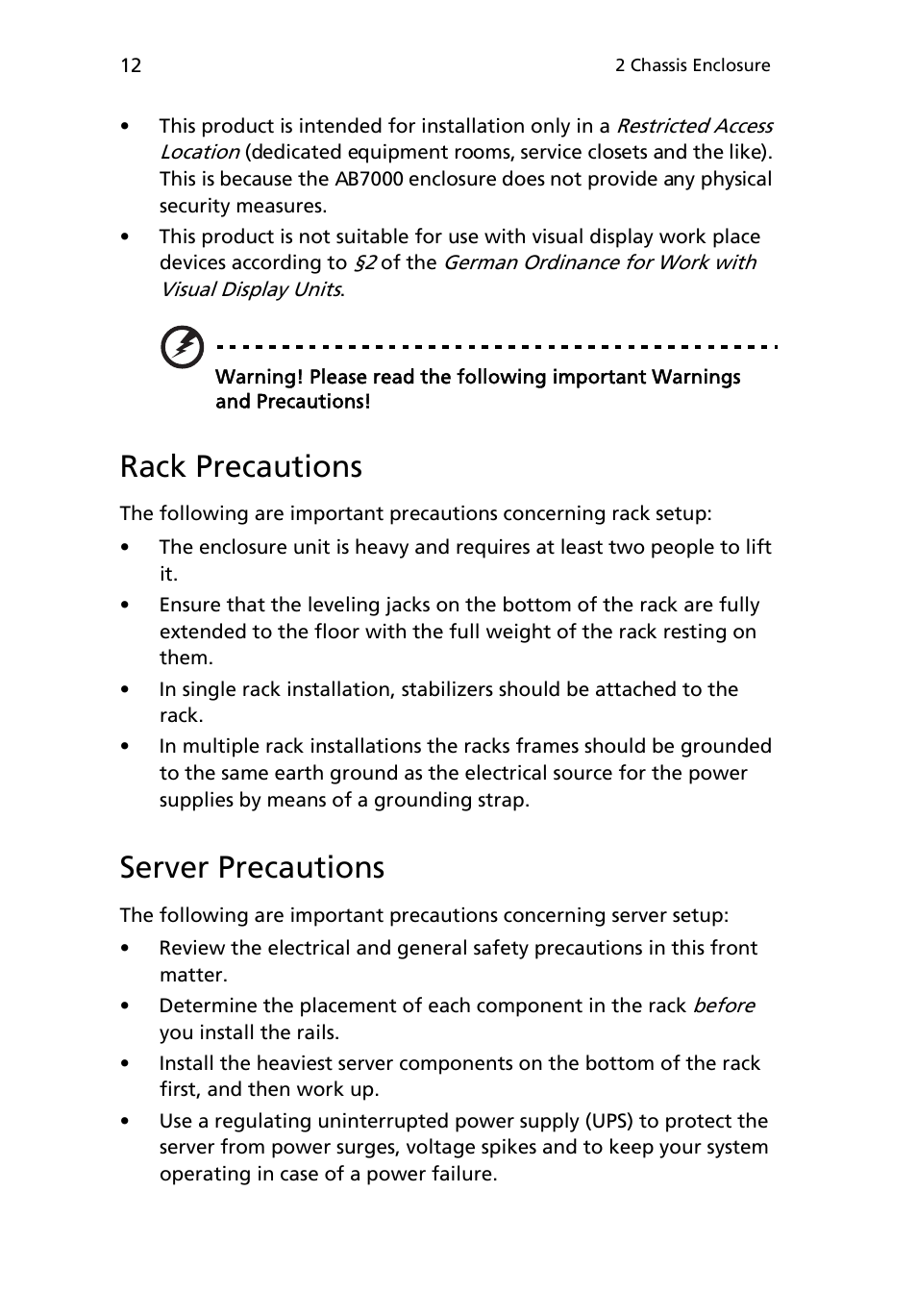 Rack precautions, Server precautions | Acer AB460 F1 User Manual | Page 32 / 618