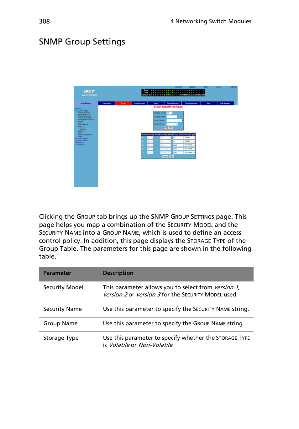 Snmp group settings | Acer AB460 F1 User Manual | Page 328 / 618