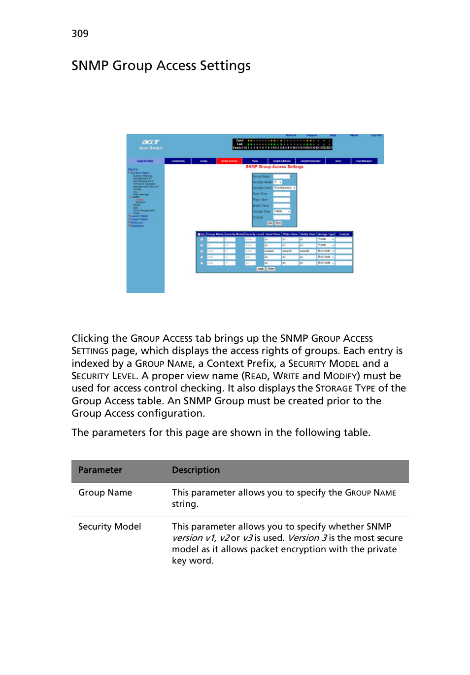 Snmp group access settings | Acer AB460 F1 User Manual | Page 329 / 618