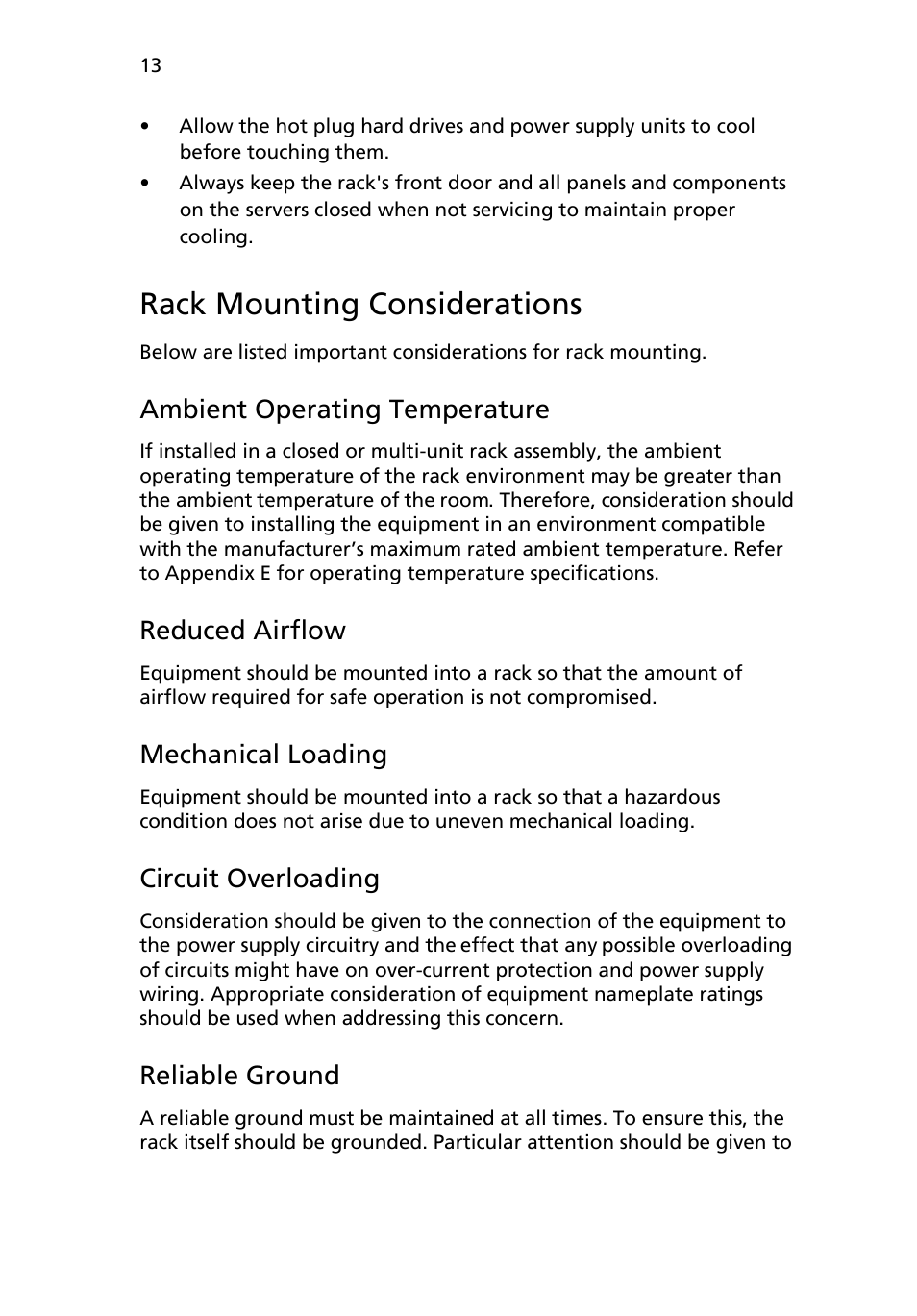 Rack mounting considerations, Ambient operating temperature, Reduced airflow | Mechanical loading, Circuit overloading, Reliable ground | Acer AB460 F1 User Manual | Page 33 / 618