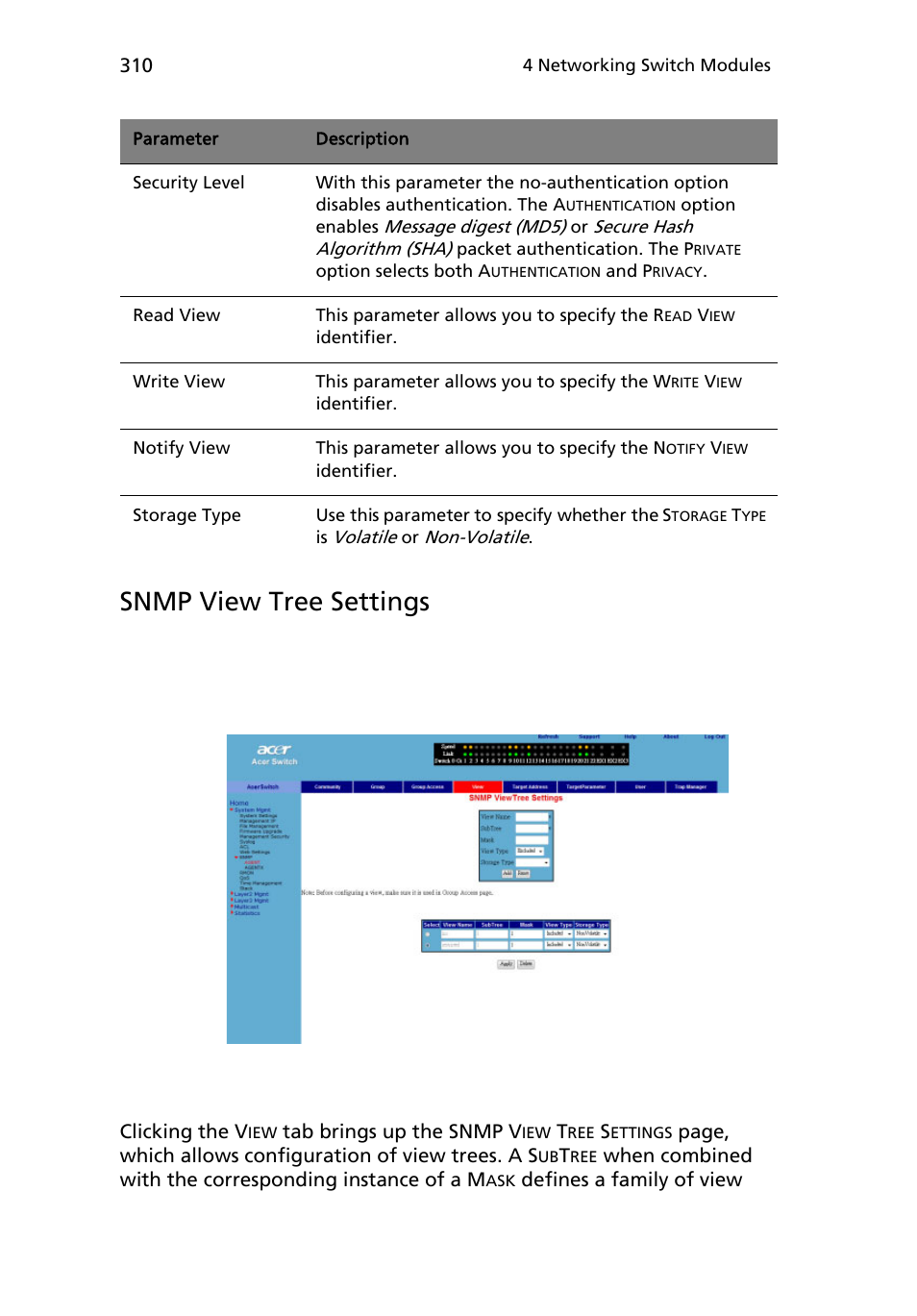 Snmp view tree settings | Acer AB460 F1 User Manual | Page 330 / 618