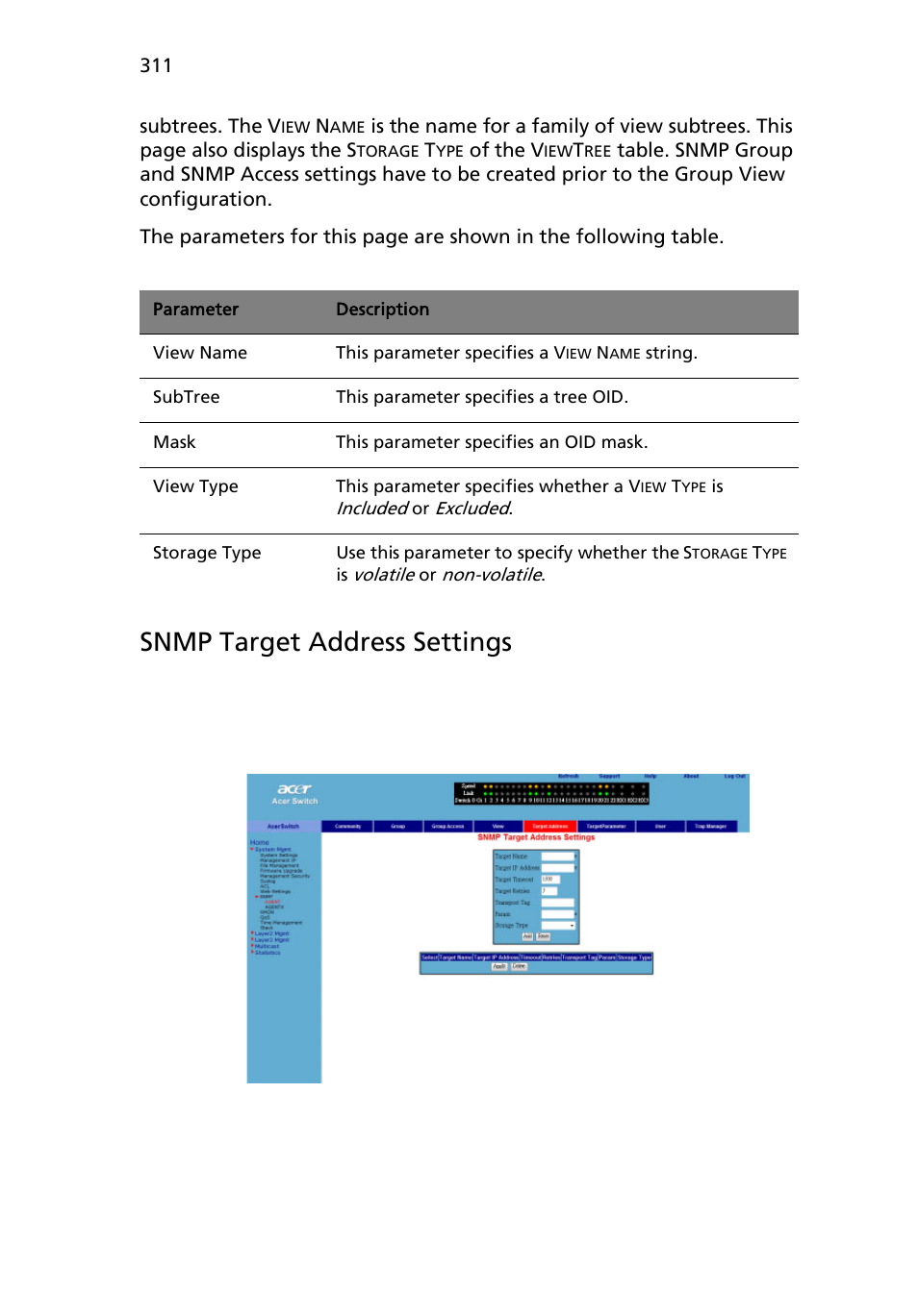 Snmp target address settings | Acer AB460 F1 User Manual | Page 331 / 618