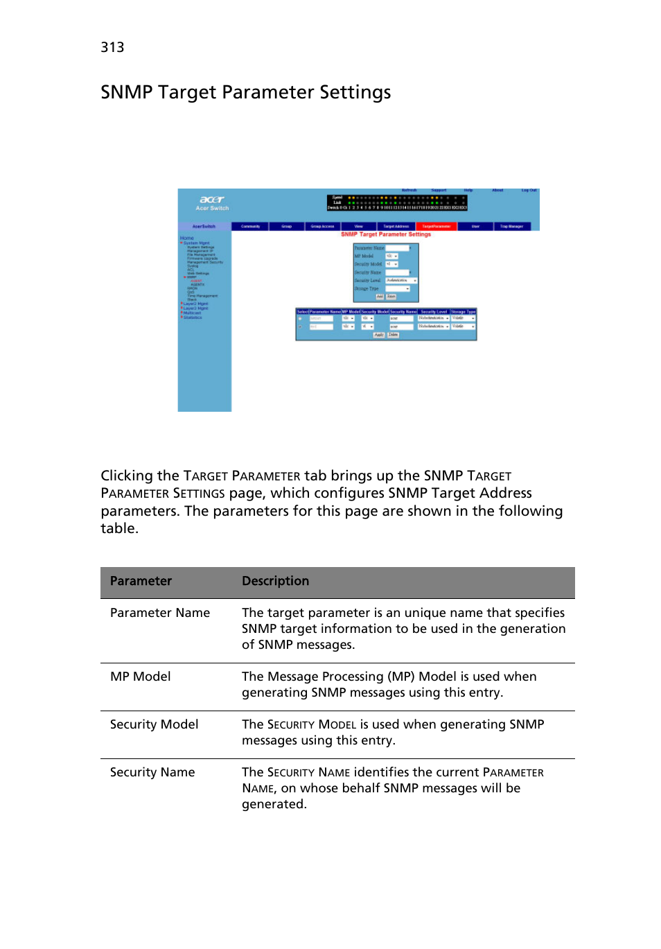 Snmp target parameter settings | Acer AB460 F1 User Manual | Page 333 / 618