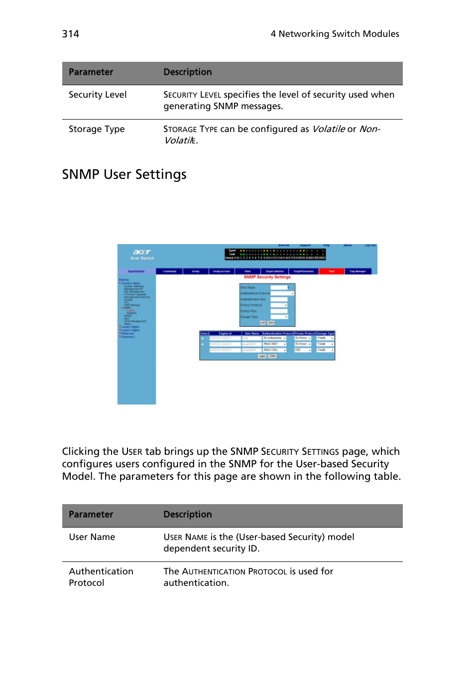 Snmp user settings | Acer AB460 F1 User Manual | Page 334 / 618