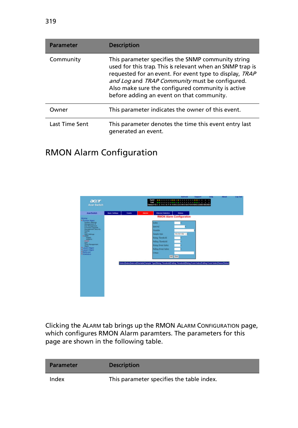 Rmon alarm configuration | Acer AB460 F1 User Manual | Page 339 / 618