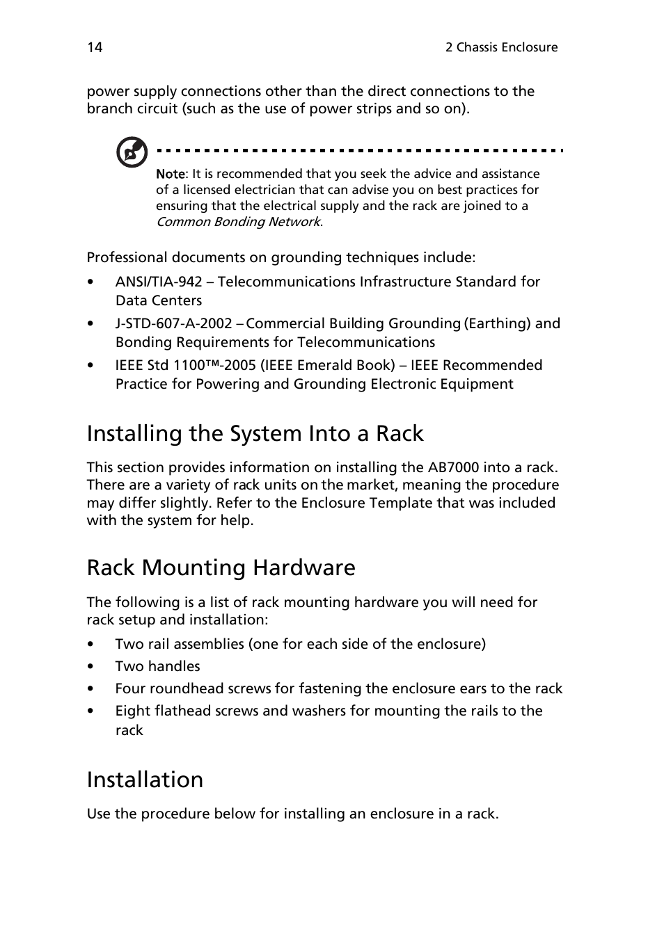 Installing the system into a rack, Rack mounting hardware, Installation | Acer AB460 F1 User Manual | Page 34 / 618