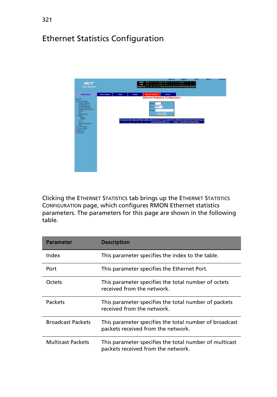 Ethernet statistics configuration | Acer AB460 F1 User Manual | Page 341 / 618