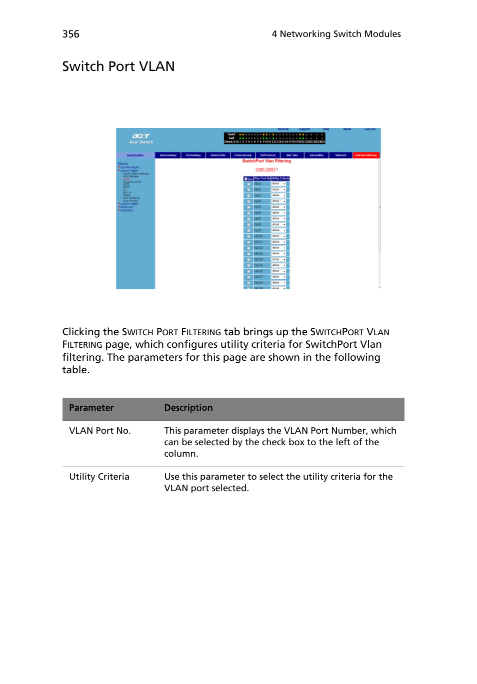 Switch port vlan | Acer AB460 F1 User Manual | Page 376 / 618