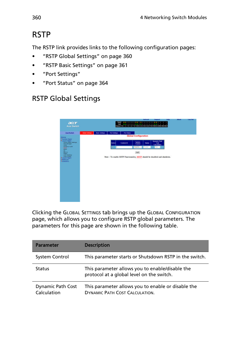 Rstp, Rstp global settings | Acer AB460 F1 User Manual | Page 380 / 618