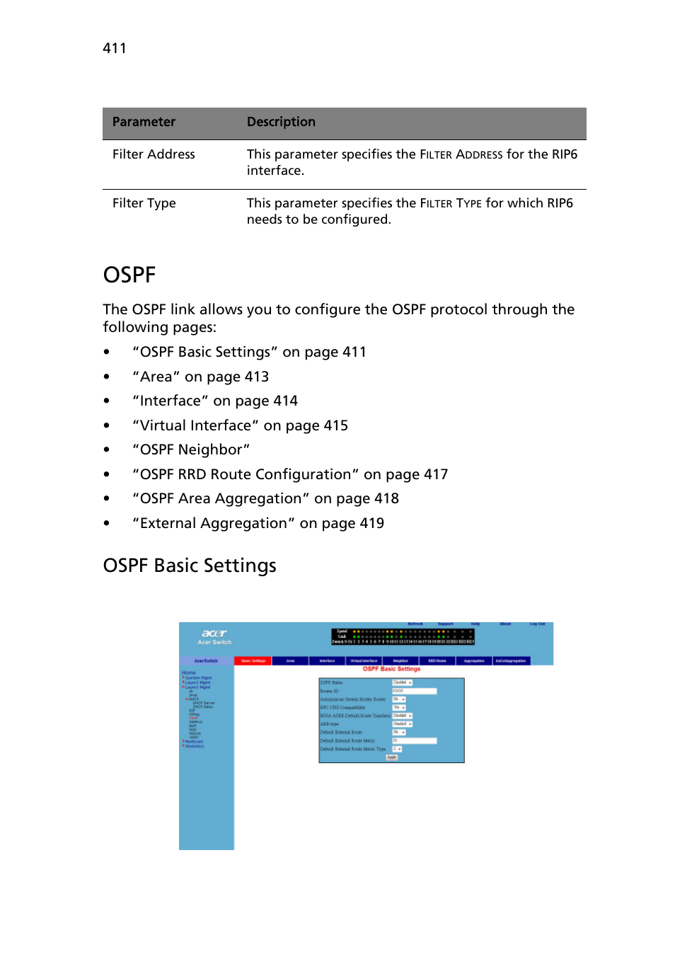 Ospf, Ospf basic settings | Acer AB460 F1 User Manual | Page 431 / 618