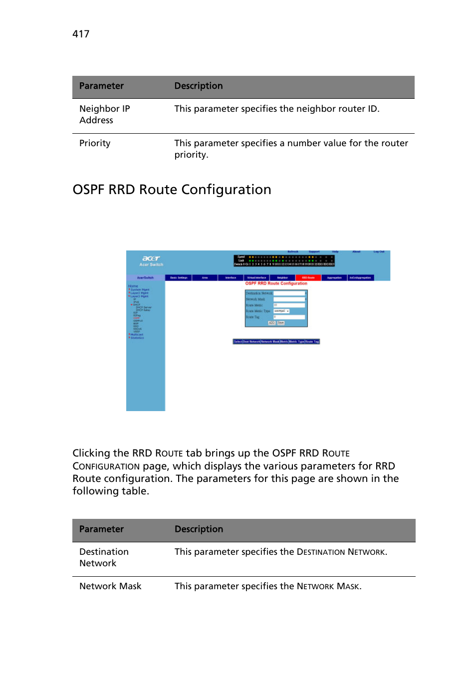 Ospf rrd route configuration | Acer AB460 F1 User Manual | Page 437 / 618