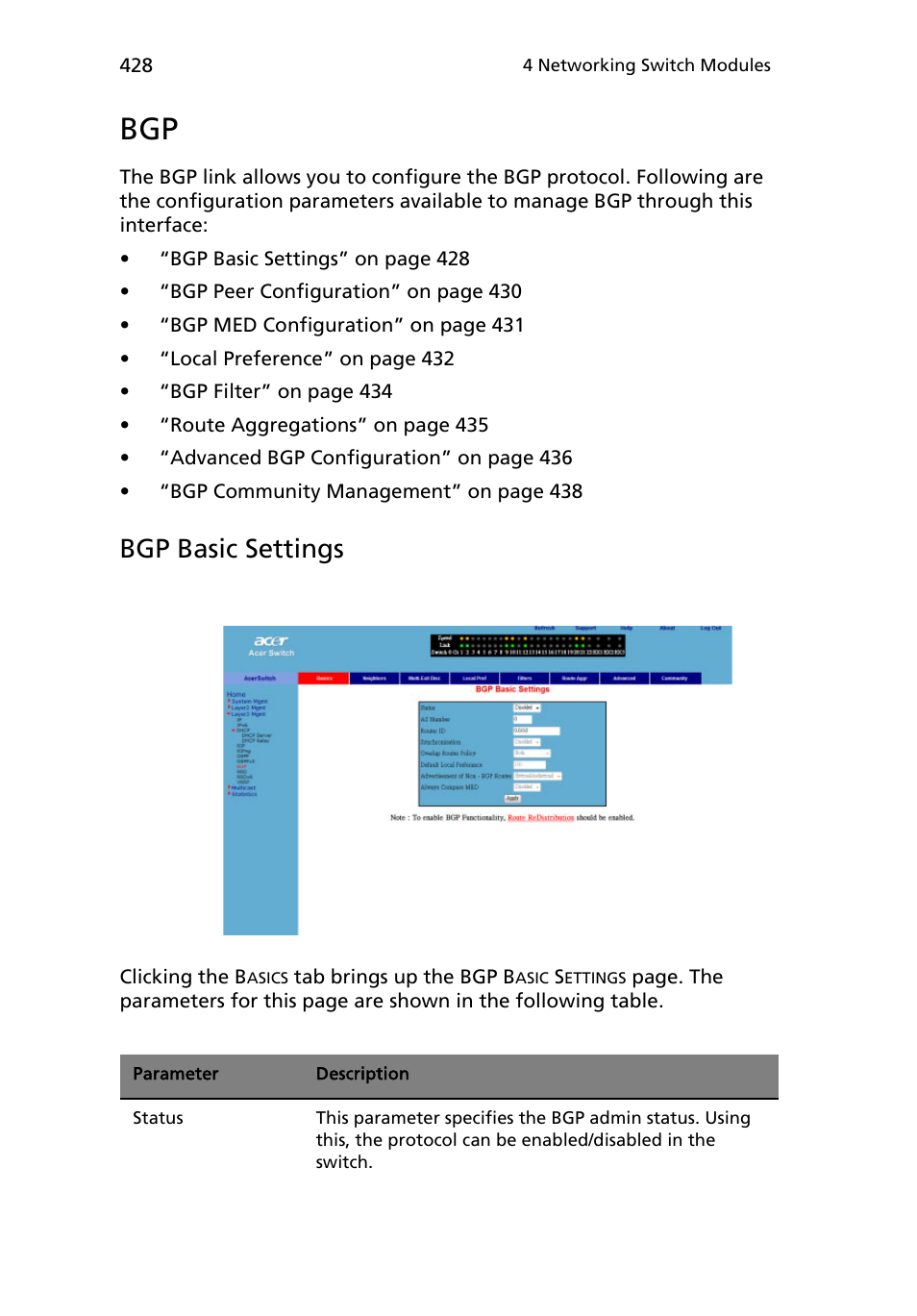 Bgp basic settings | Acer AB460 F1 User Manual | Page 448 / 618