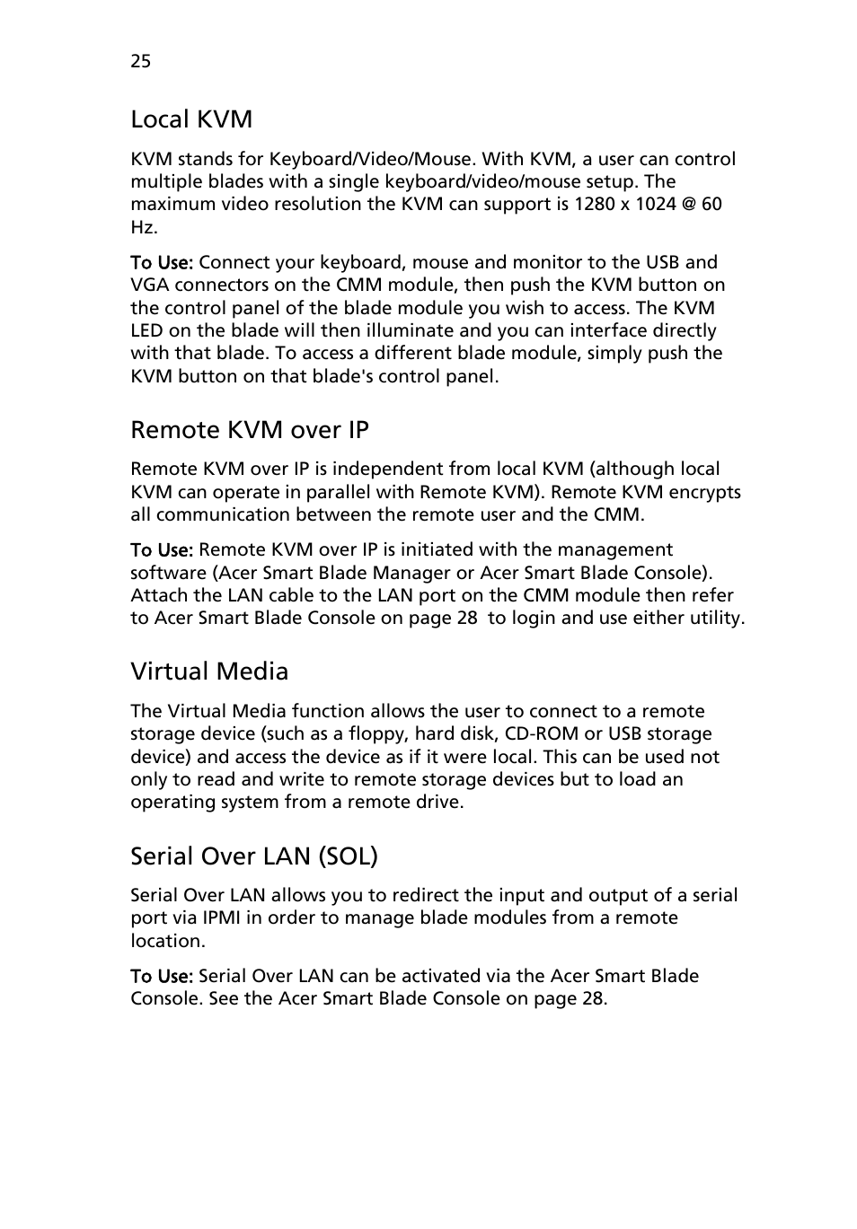 Local kvm, Remote kvm over ip, Virtual media | Serial over lan (sol) | Acer AB460 F1 User Manual | Page 45 / 618