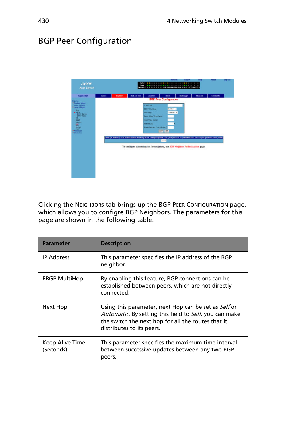 Bgp peer configuration | Acer AB460 F1 User Manual | Page 450 / 618