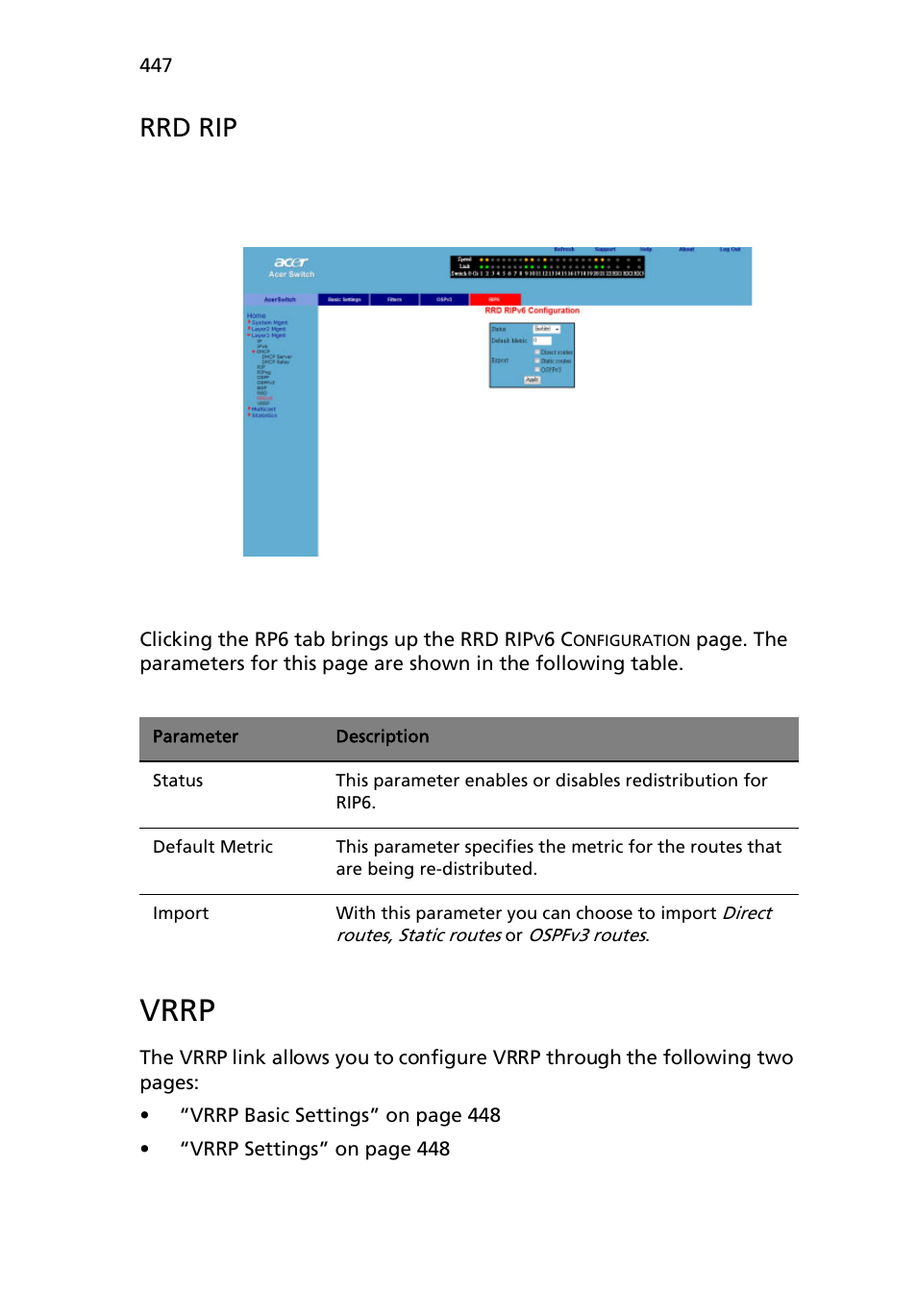 Vrrp, Rrd rip | Acer AB460 F1 User Manual | Page 467 / 618