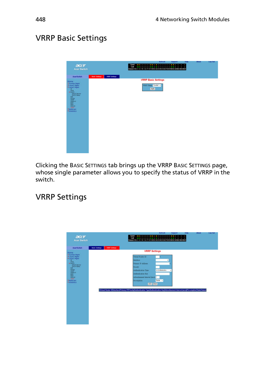 Vrrp basic settings, Vrrp settings | Acer AB460 F1 User Manual | Page 468 / 618