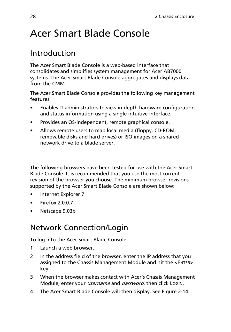 Acer smart blade console, Introduction, Network connection/login | Supported browsers | Acer AB460 F1 User Manual | Page 48 / 618