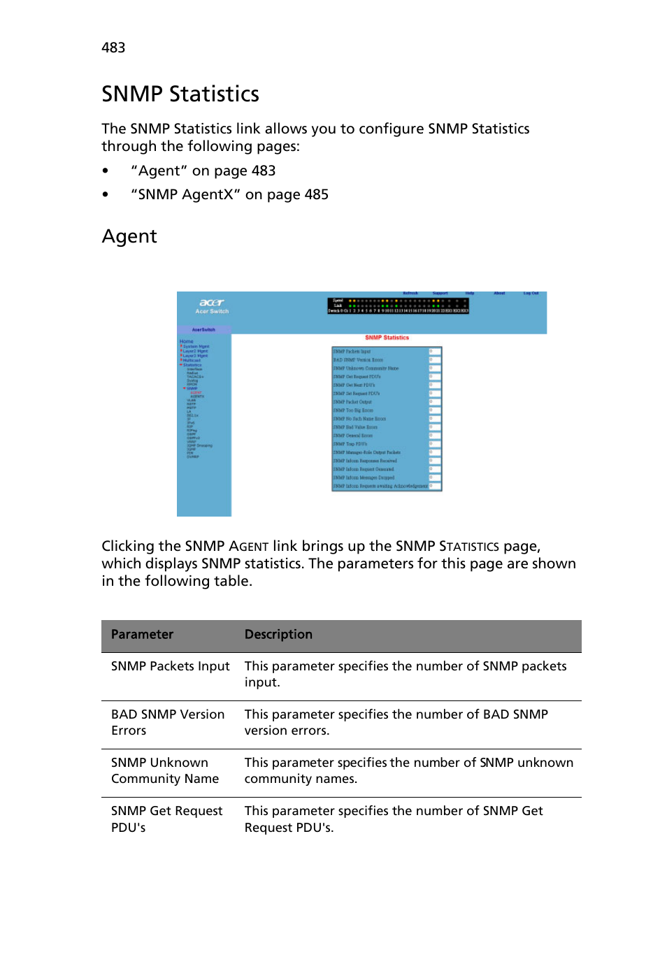 Snmp statistics, Agent | Acer AB460 F1 User Manual | Page 503 / 618