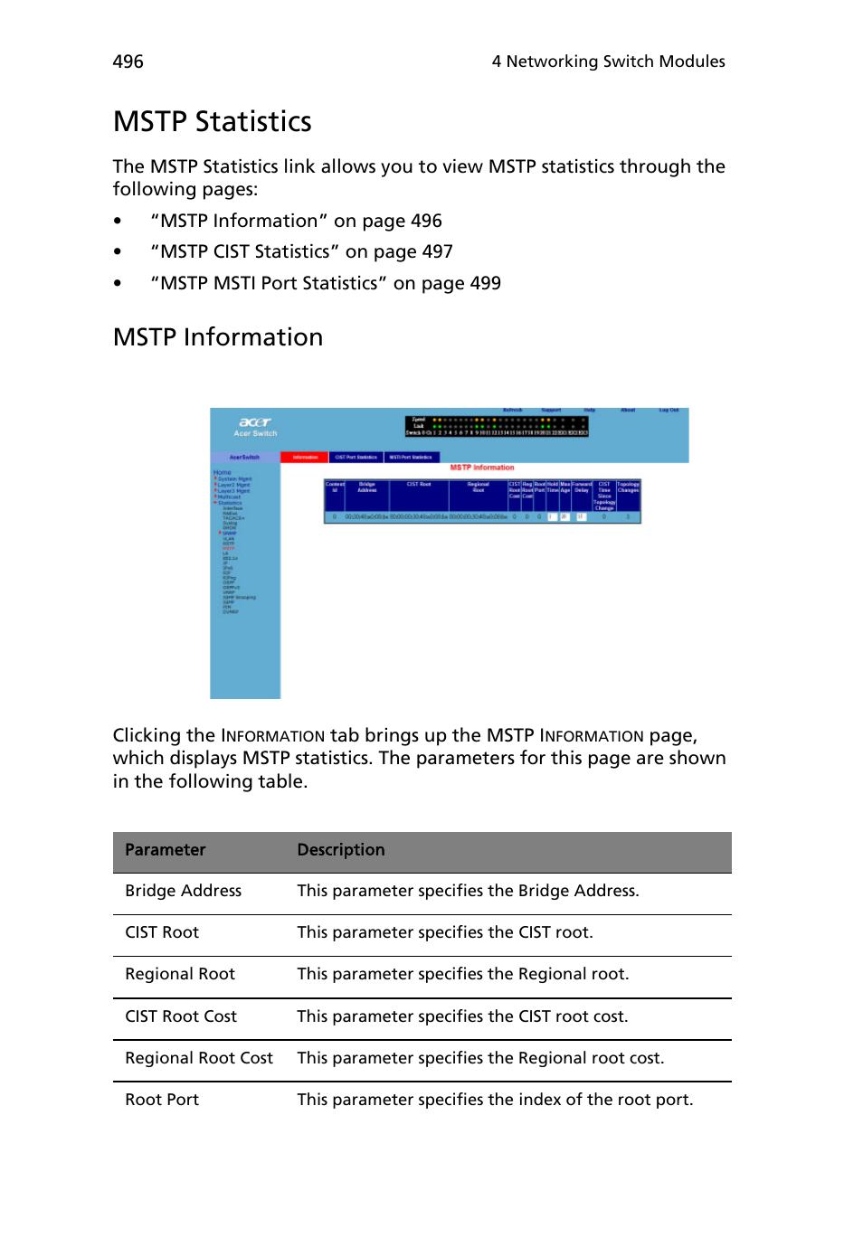 Mstp statistics, Mstp information | Acer AB460 F1 User Manual | Page 516 / 618