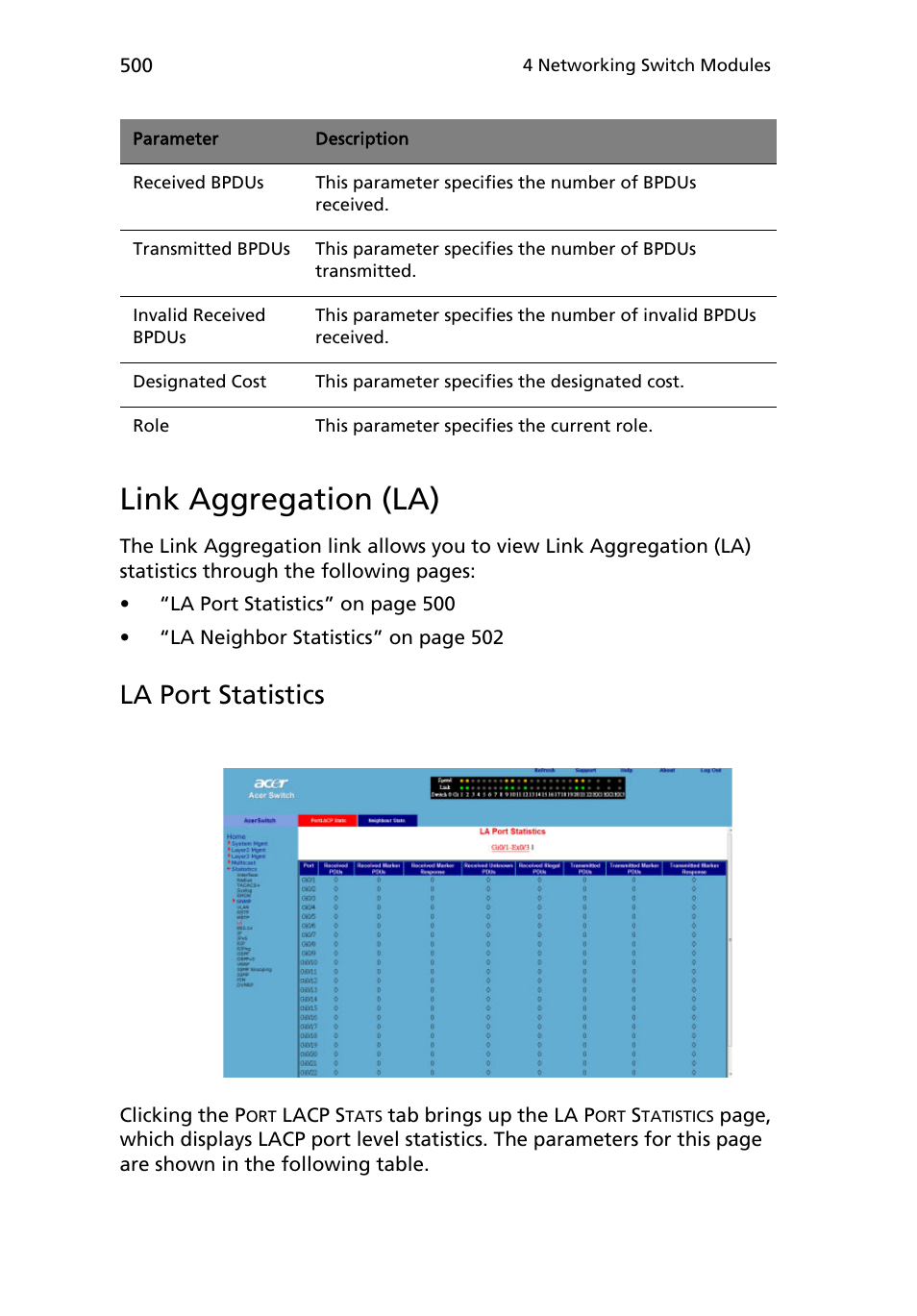 Link aggregation (la), La port statistics | Acer AB460 F1 User Manual | Page 520 / 618