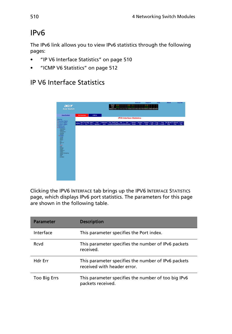 Ipv6, Ip v6 interface statistics | Acer AB460 F1 User Manual | Page 530 / 618