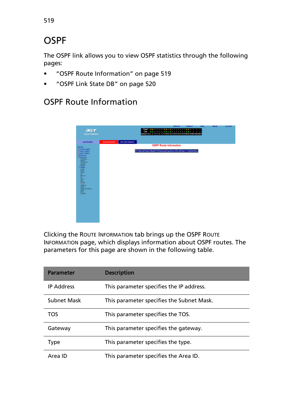 Ospf, Ospf route information | Acer AB460 F1 User Manual | Page 539 / 618
