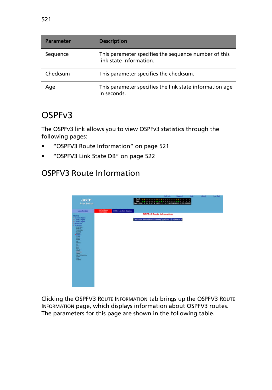 Ospfv3, Ospfv3 route information | Acer AB460 F1 User Manual | Page 541 / 618