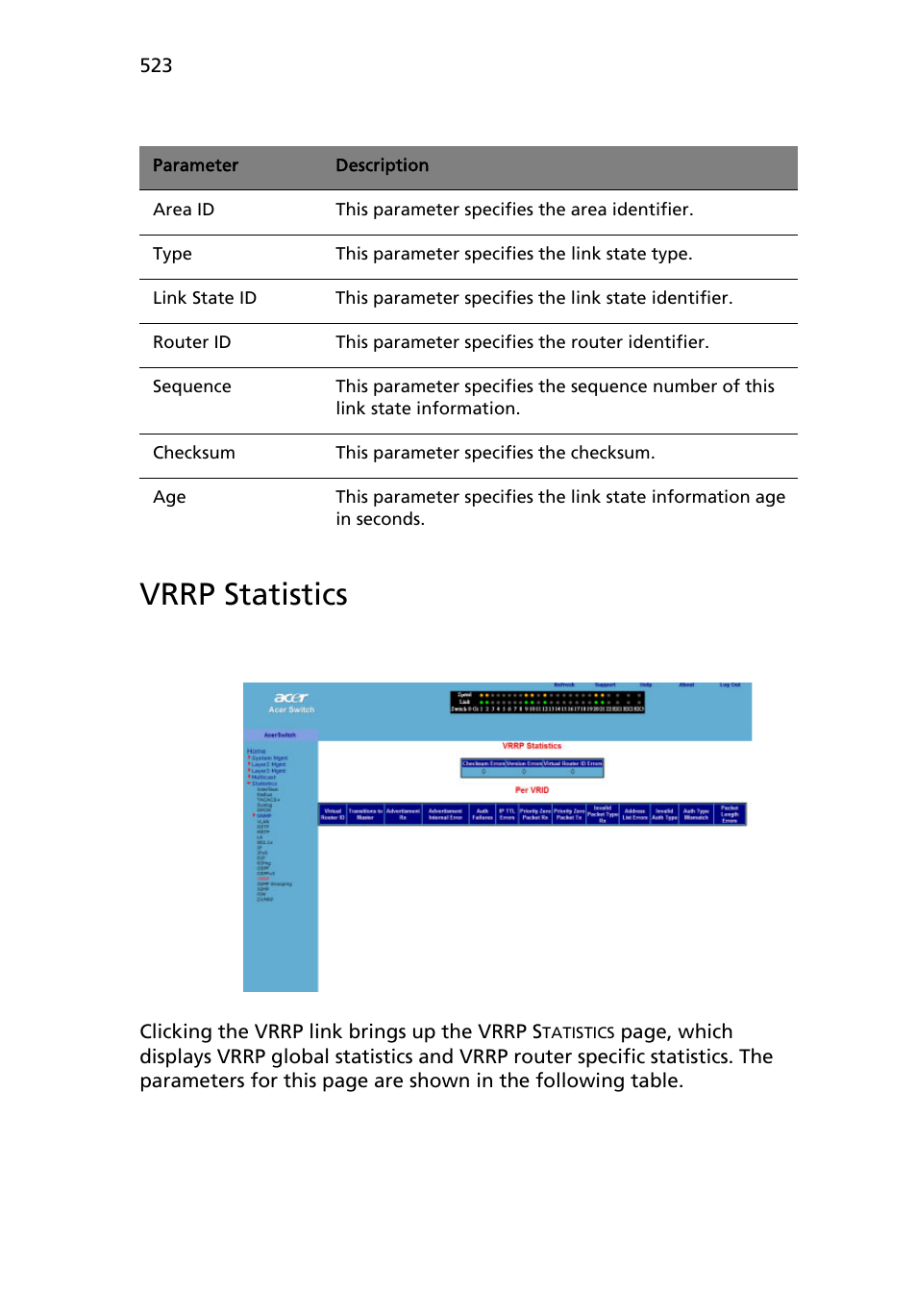 Vrrp statistics | Acer AB460 F1 User Manual | Page 543 / 618