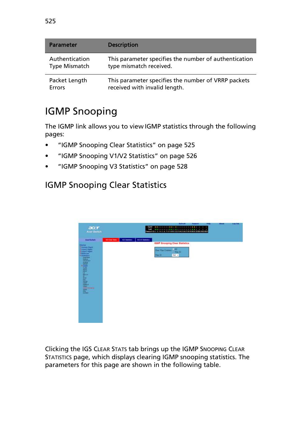Igmp snooping, Igmp snooping clear statistics | Acer AB460 F1 User Manual | Page 545 / 618