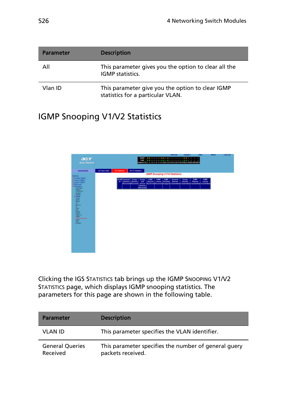 Igmp snooping v1/v2 statistics | Acer AB460 F1 User Manual | Page 546 / 618