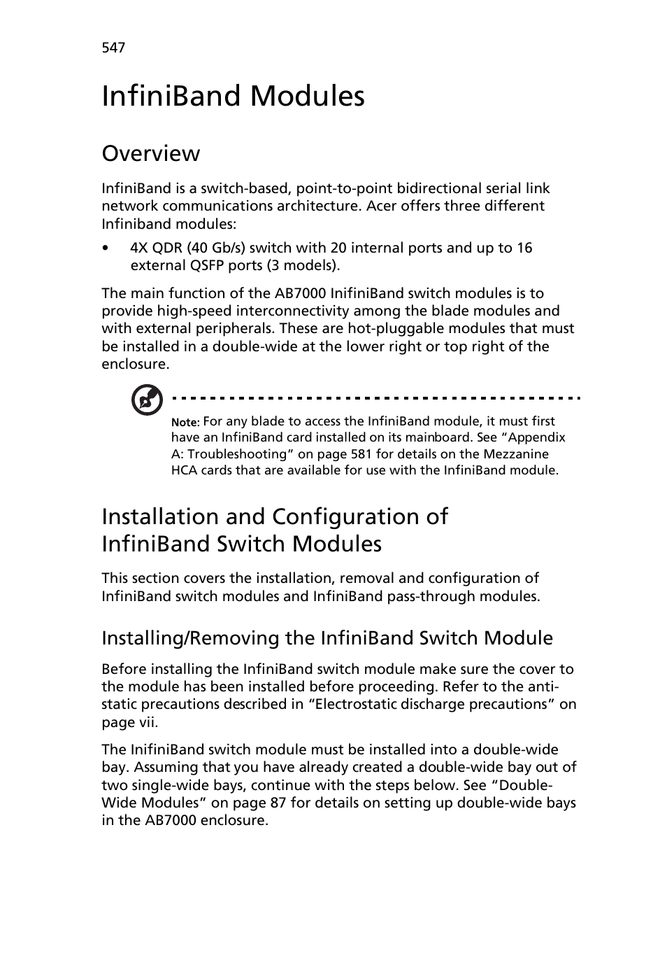 Infiniband modules, Overview, Installing/removing the infiniband switch module | Acer AB460 F1 User Manual | Page 567 / 618