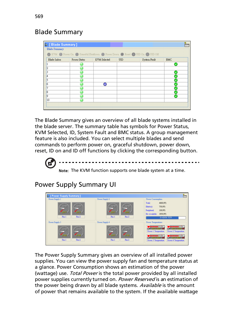 Blade summary, Power supply summary ui | Acer AB460 F1 User Manual | Page 589 / 618