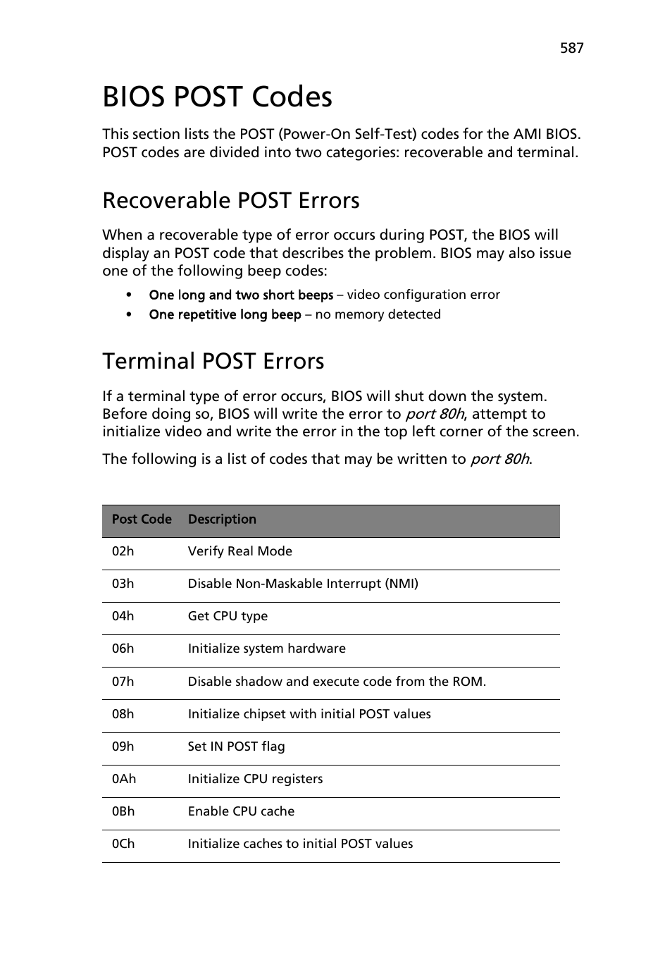 Bios post codes, Recoverable post errors, Terminal post errors | Acer AB460 F1 User Manual | Page 607 / 618