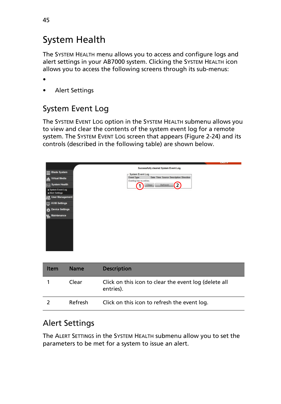 System health, System event log, Alert settings | Acer AB460 F1 User Manual | Page 65 / 618