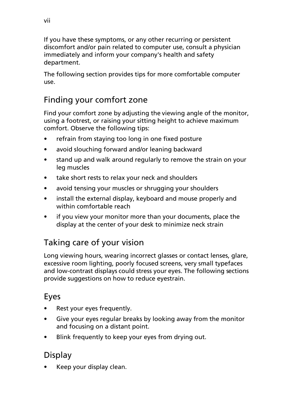 Finding your comfort zone, Taking care of your vision, Eyes | Display | Acer AB460 F1 User Manual | Page 7 / 618