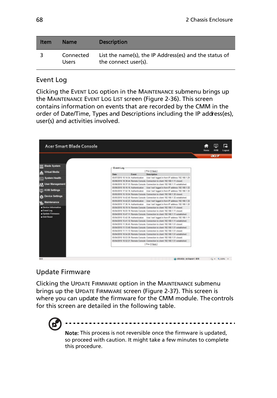 Event log, Update, Irmware | Update firmware | Acer AB460 F1 User Manual | Page 88 / 618