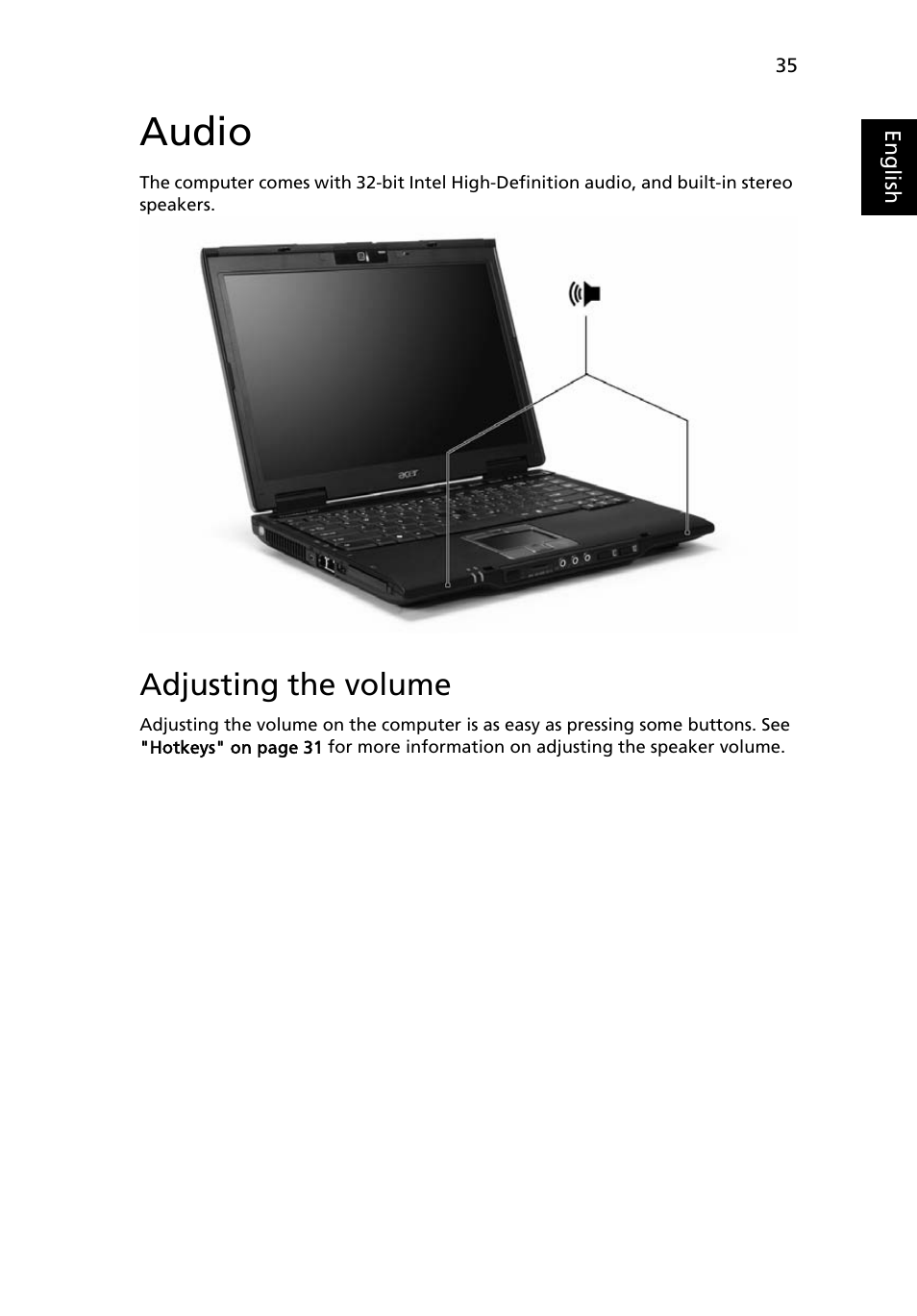 Audio, Adjusting the volume | Acer TravelMate 6452 User Manual | Page 55 / 96