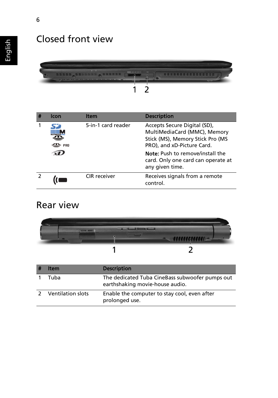 Closed front view, Rear view, Closed front view rear view | Acer Aspire 6930Z User Manual | Page 6 / 12