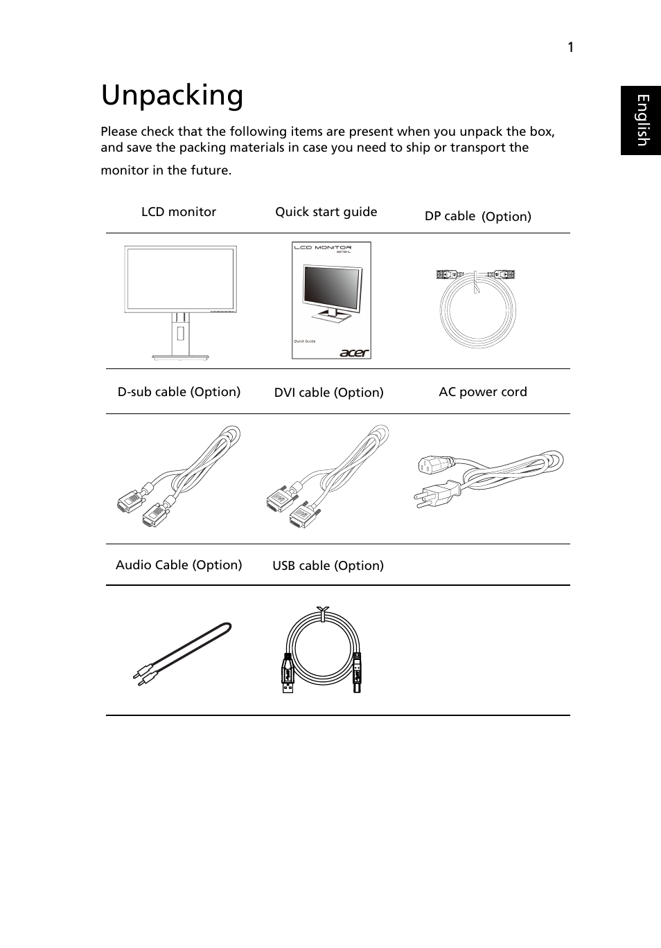 Unpacking | Acer B276HL User Manual | Page 13 / 29
