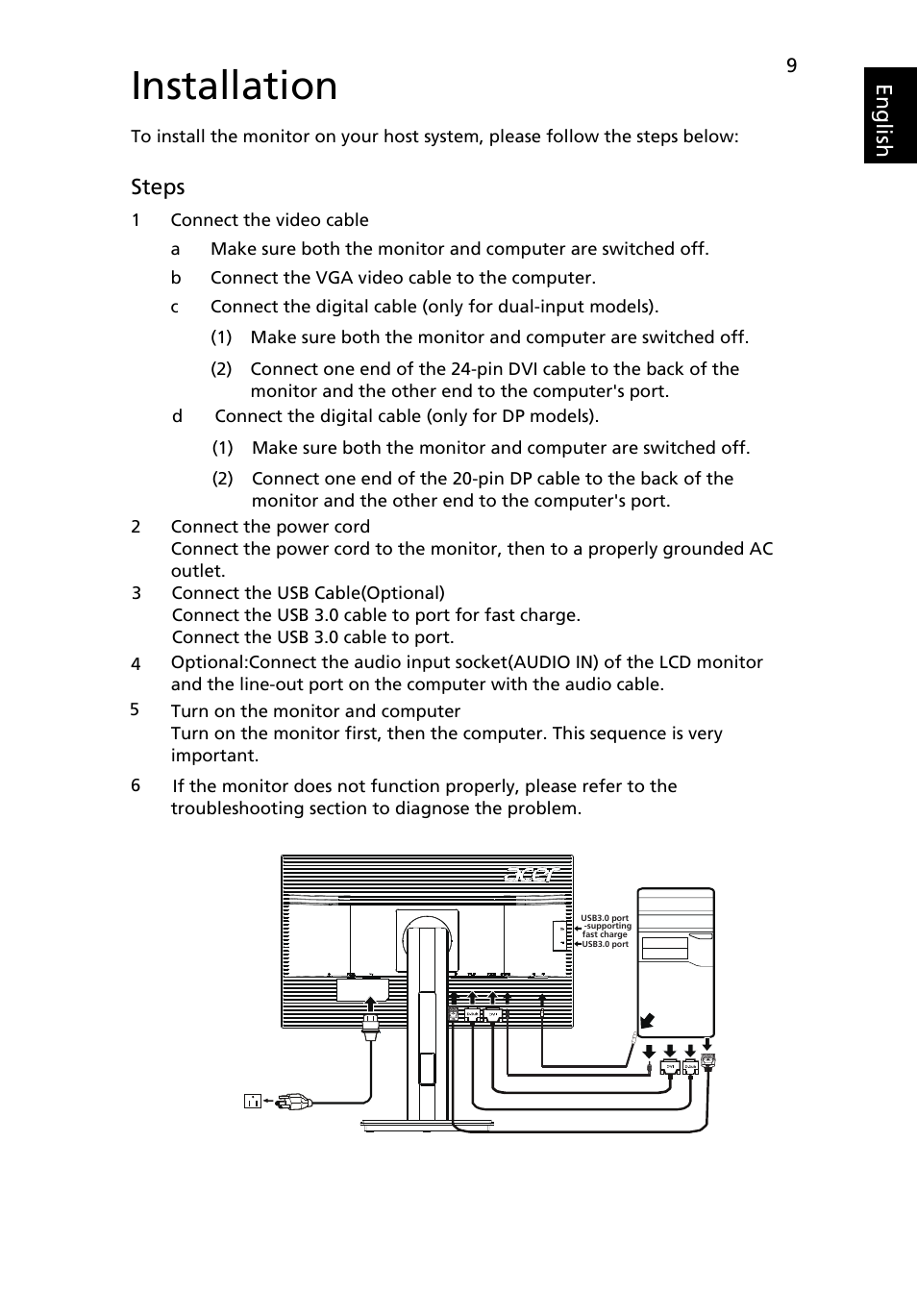 Installation, Eng lis h, Steps | Acer B276HL User Manual | Page 21 / 29