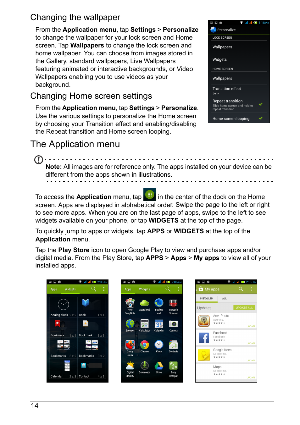 The application menu, Changing the wallpaper, Changing home screen settings | Acer Z160 User Manual | Page 14 / 63