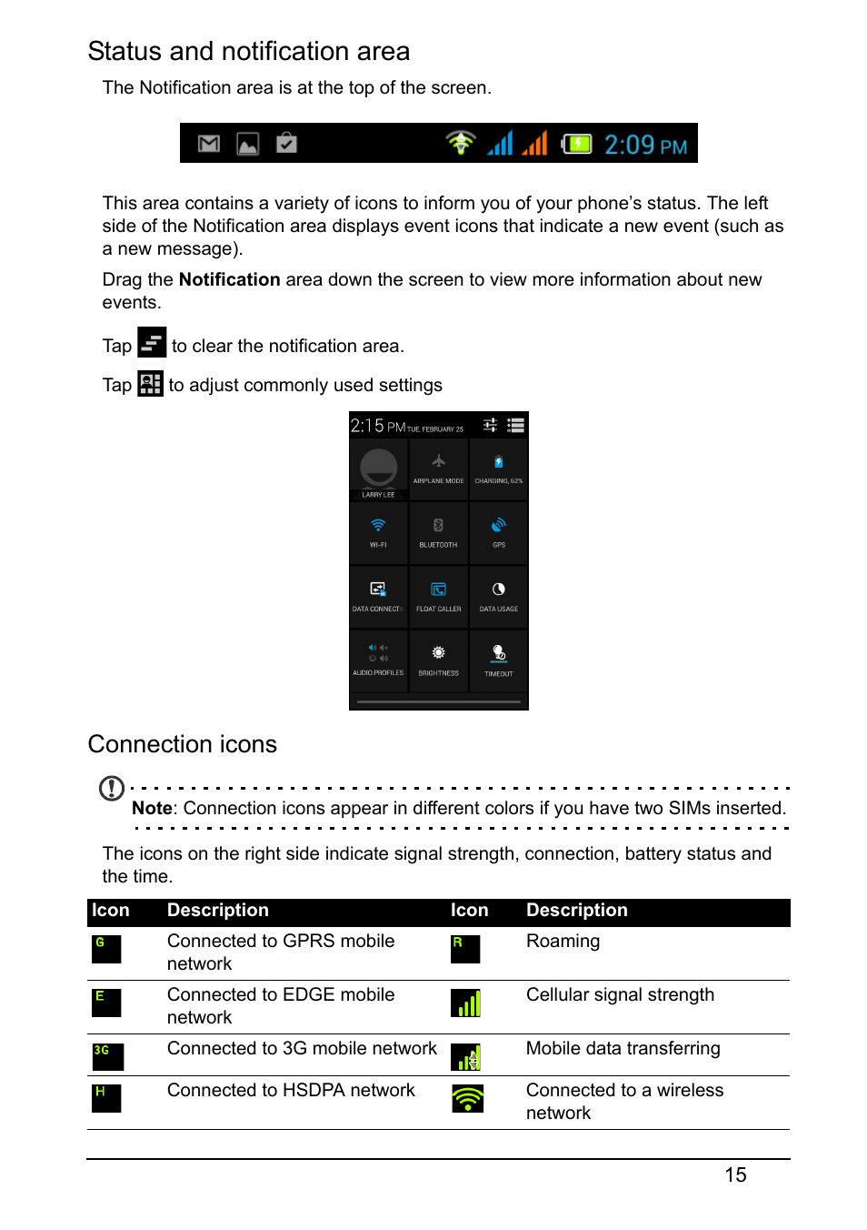 Status and notification area, Connection icons | Acer Z160 User Manual | Page 15 / 63