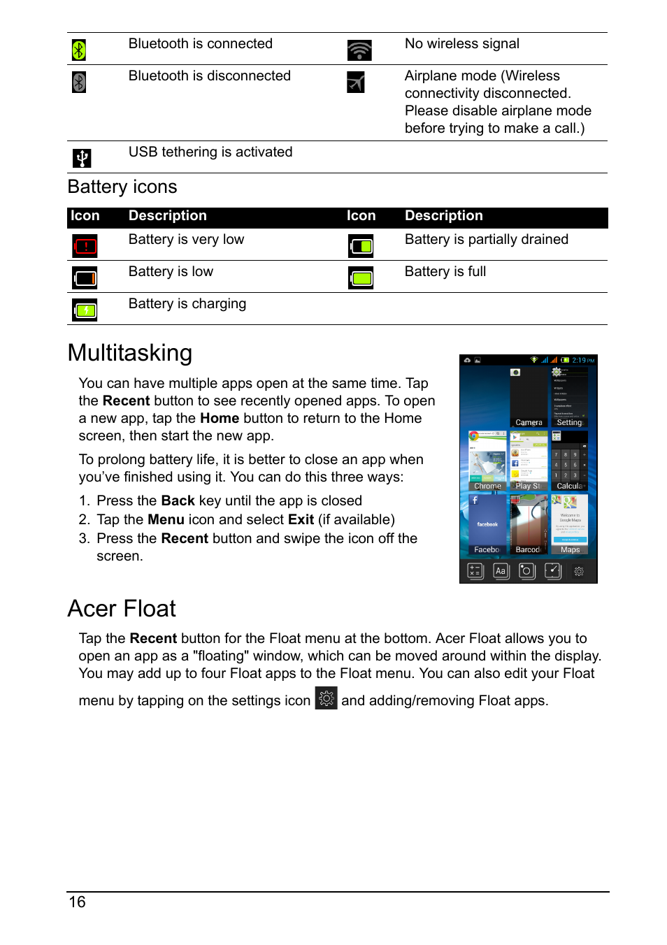 Multitasking, Acer float, Multitasking acer float | Battery icons | Acer Z160 User Manual | Page 16 / 63