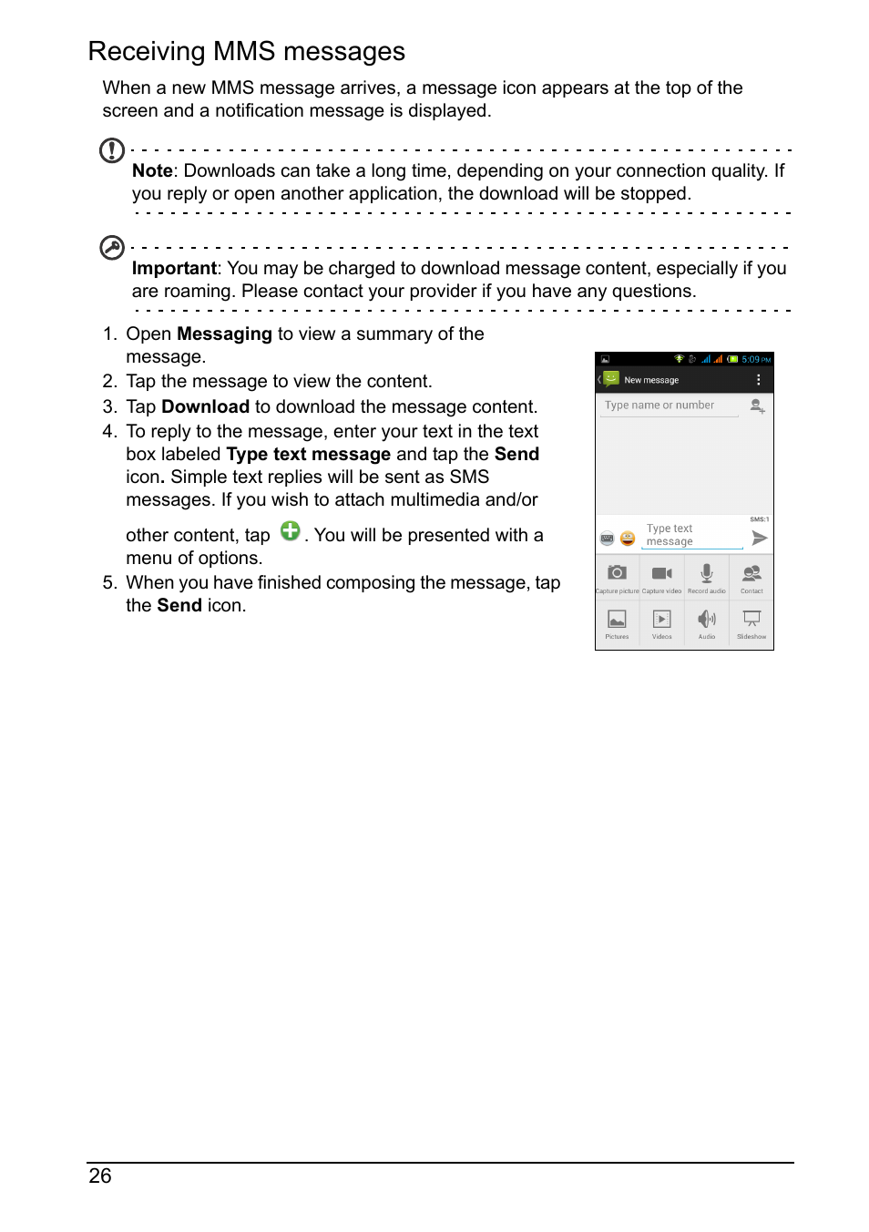 Receiving mms messages | Acer Z160 User Manual | Page 26 / 63