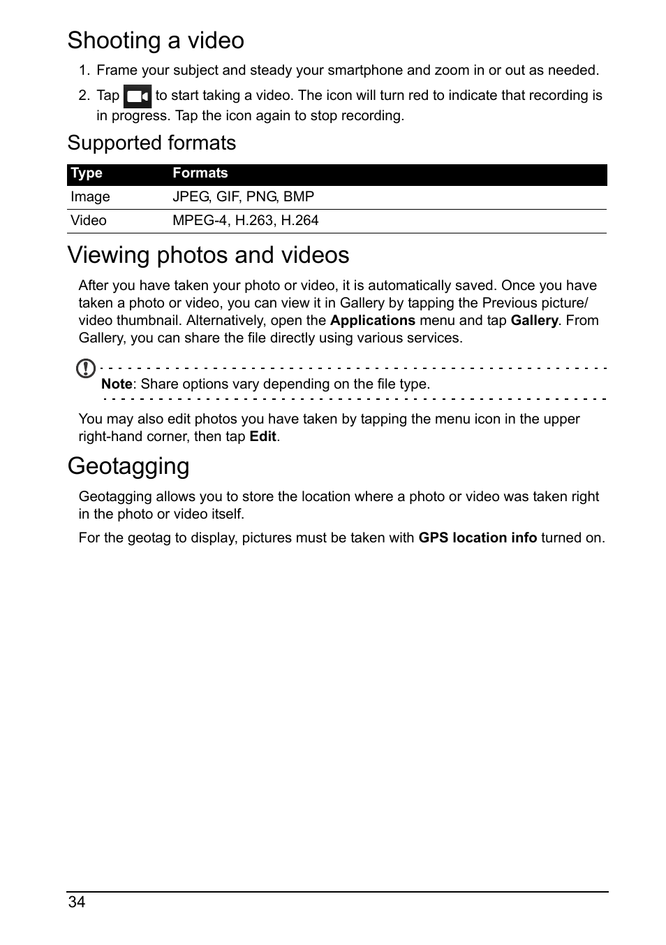 Shooting a video, Supported formats, Viewing photos and videos | Geotagging | Acer Z160 User Manual | Page 34 / 63